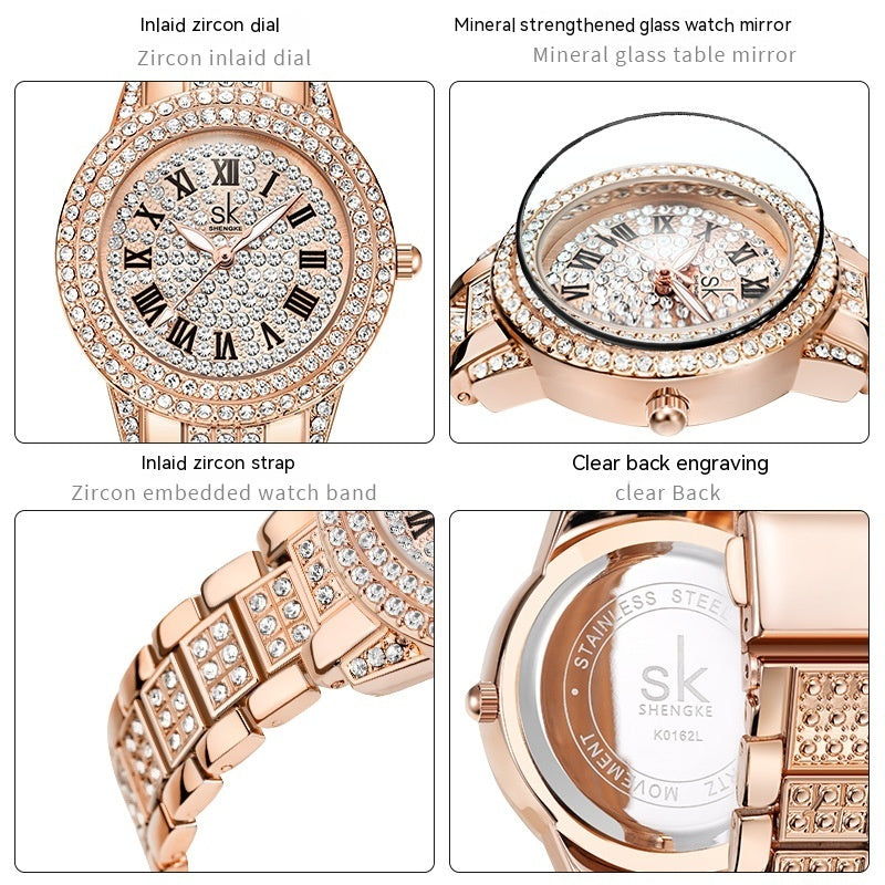 Orologio donna oro rosa dettagli quadrante zirconi vetro minerale cinturino acciaio inossidabile myemotiojewels