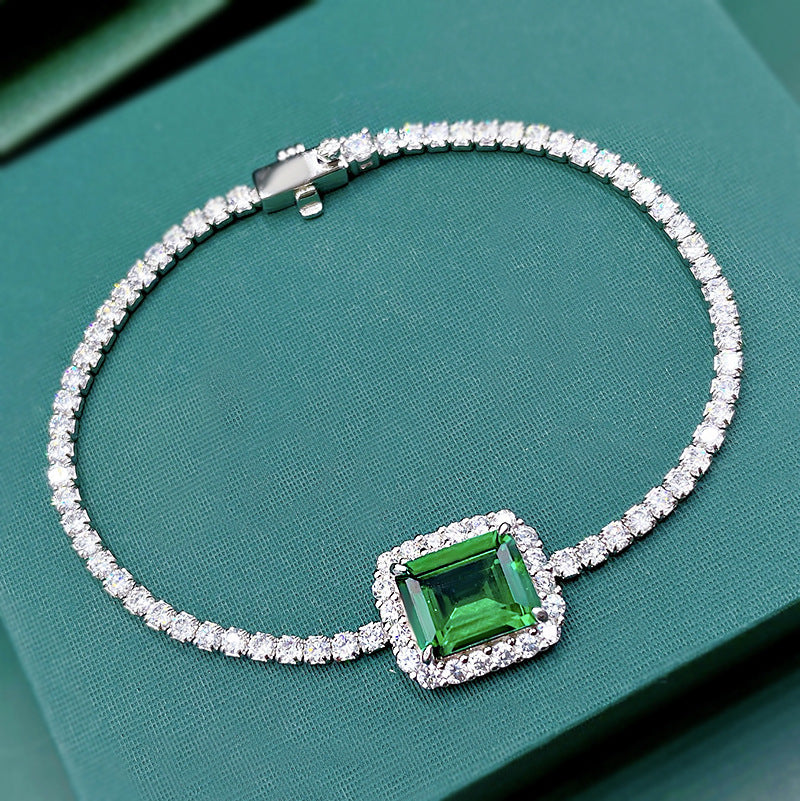 Bracelet silver synthetic emerald and 925 sterling silver zirconia