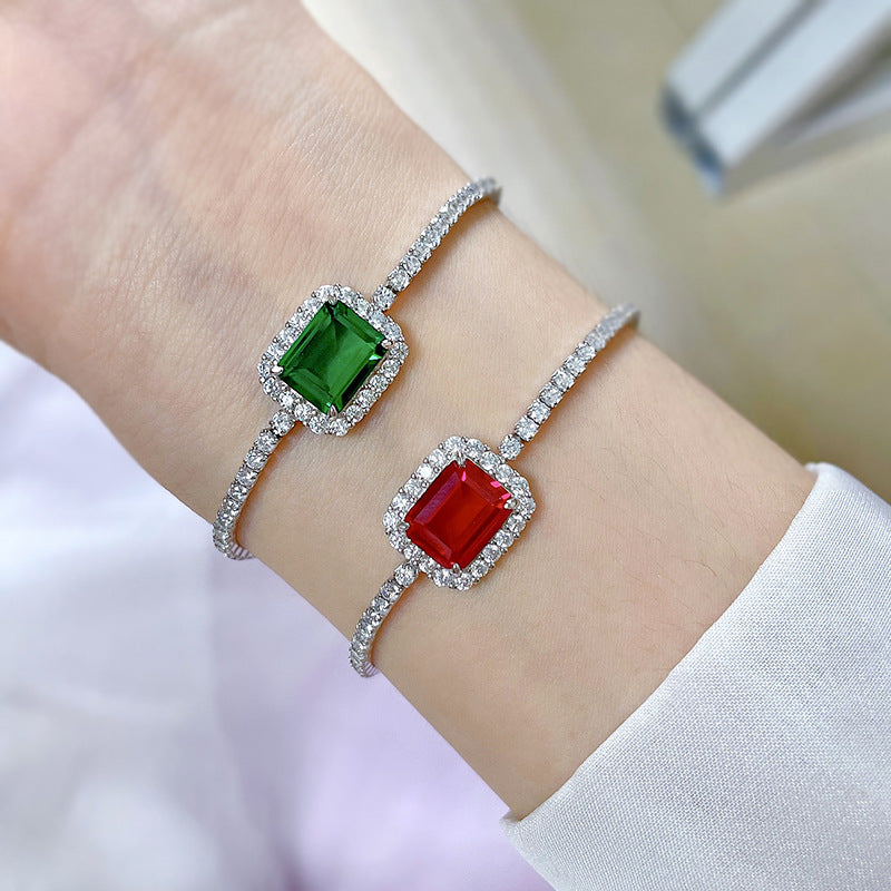 Bracelet silver synthetic emerald and 925 sterling silver zirconia