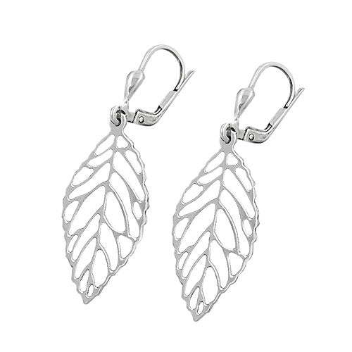 Orecchini a leva 42x14mm foglia traforata argento 925