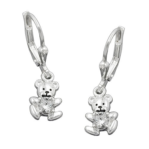 Orecchini a leva 24x7mm piccolo orsetto zirconia bianco argento 925