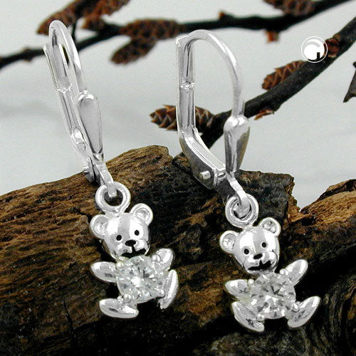 Orecchini a leva 24x7mm piccolo orsetto zirconia bianco argento 925