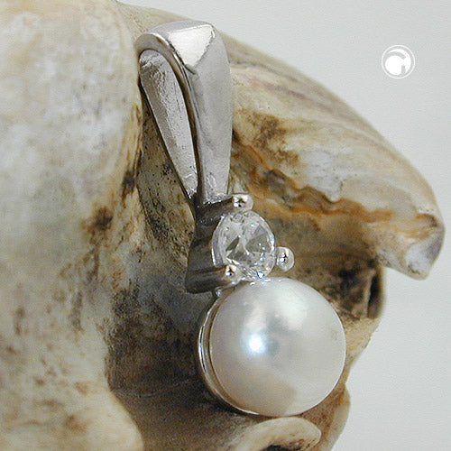 Pendente 17x6mm perla coltivata con zirconi argento rodiato 925