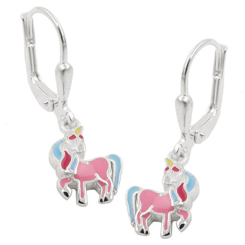 Orecchini a leva 26x8mm cavallo con corno laccato color argento 925