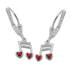 Orecchini a leva 24x7mm nota musicale doppie note con cuore rosso argento 925