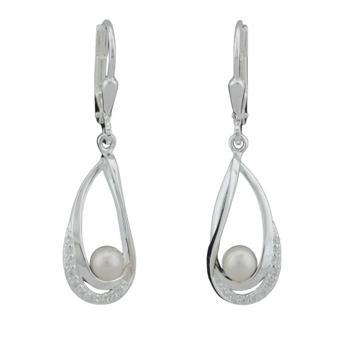 Orecchini a leva 34x9mm con perla coltivata d'acqua dolce e con zirconi argento 925
