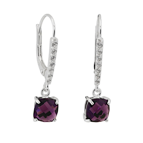 Orecchini a leva 26x6mm pietra di vetro color ametista con zirconi argento 925