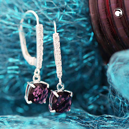 Orecchini a leva 26x6mm pietra di vetro color ametista con zirconi argento 925