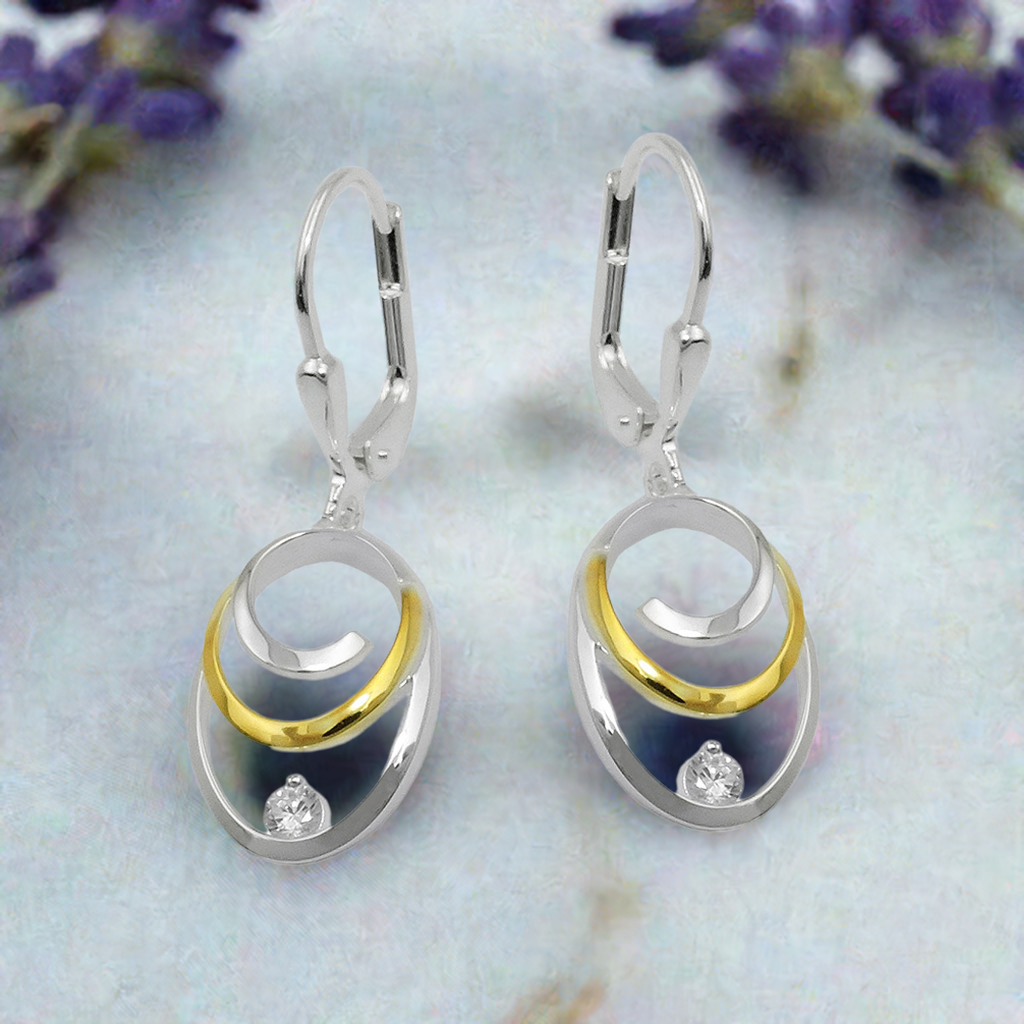 Orecchini a leva 32x11mm ovali bicolore con zirconi argento 925