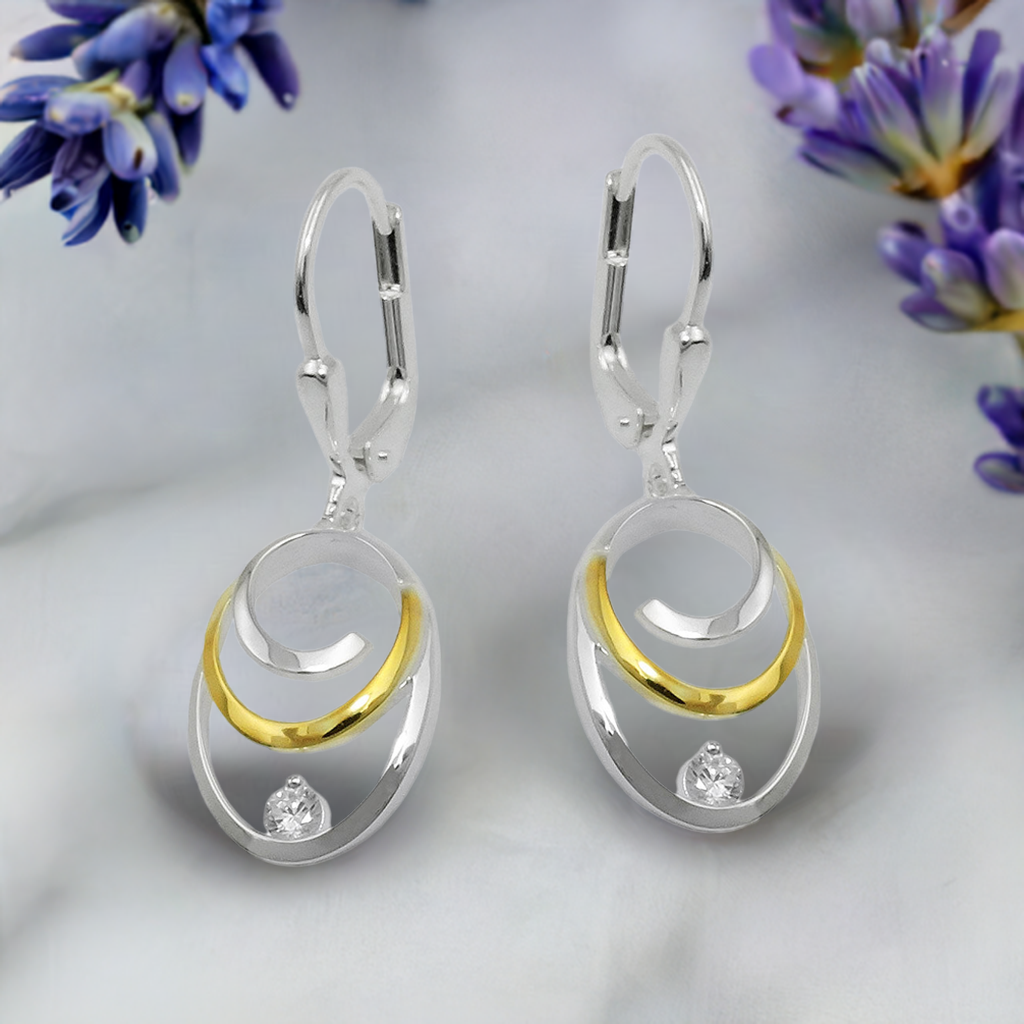 Orecchini a leva 32x11mm ovali bicolore con zirconi argento 925