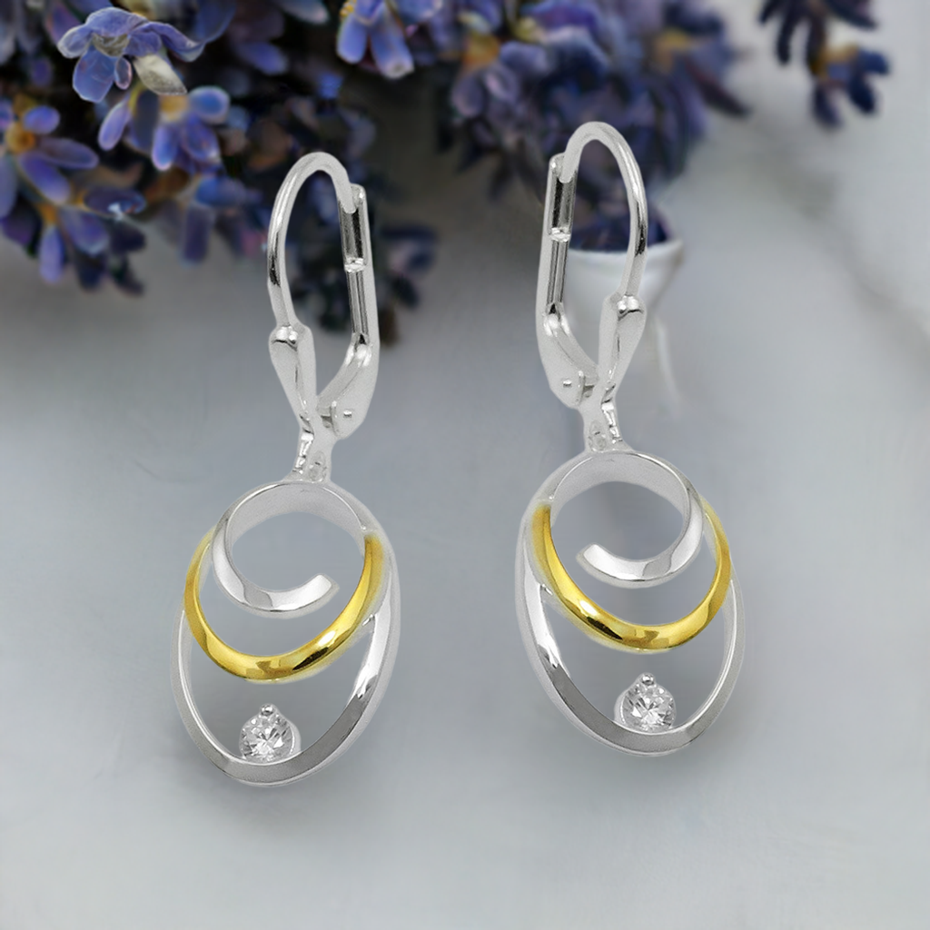 Orecchini a leva 32x11mm ovali bicolore con zirconi argento 925