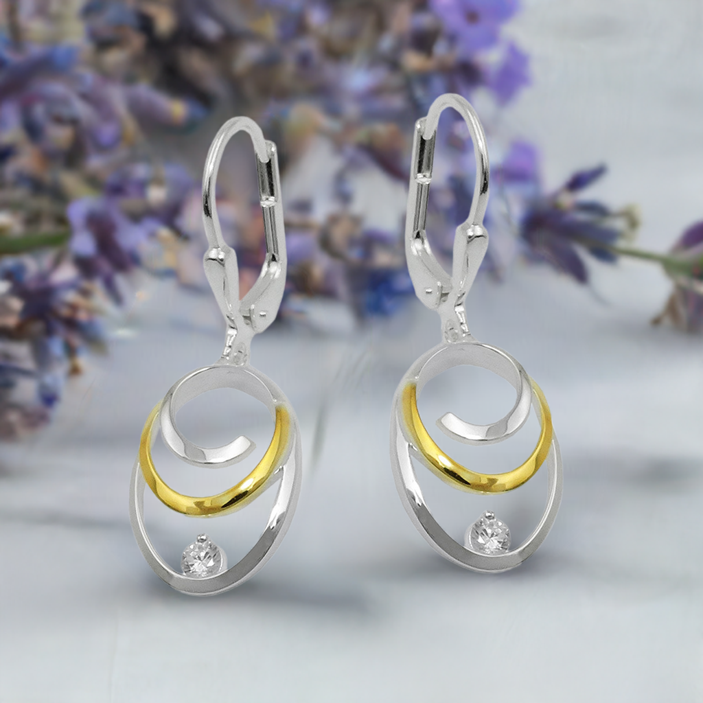 Orecchini a leva 32x11mm ovali bicolore con zirconi argento 925
