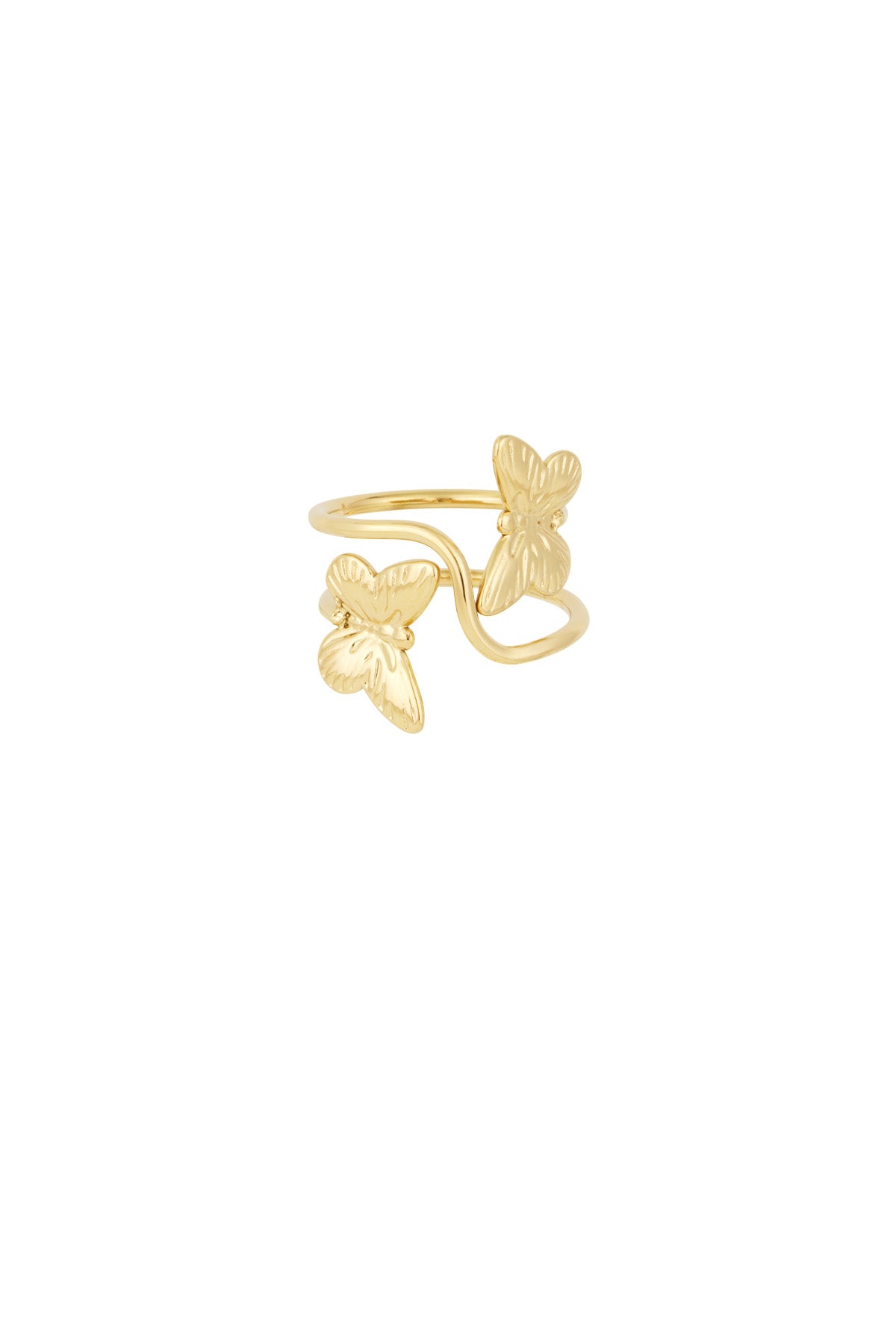 Anello farfalla in acciaio color oro, gioiello donna ispirato alla natura con ali e lavorazione a intaglio senza pietre