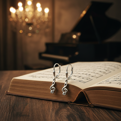 Orecchini pendenti in argento 925 a chiave di violino con zircone, gioielli a tema musicale su spartito antico per amanti della musica e musicist