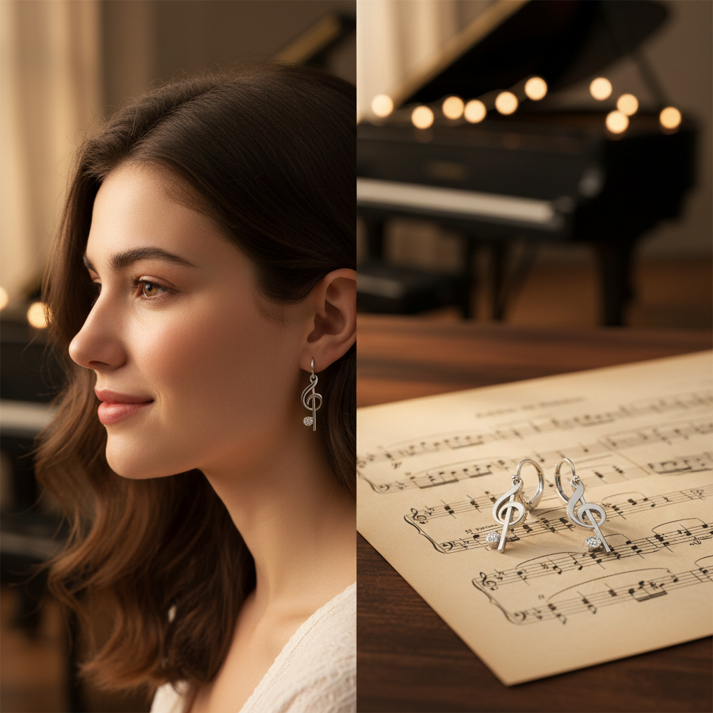 Modella in primo piano che indossa orecchini a pendente in argento 925 a chiave di sol con zircone. La sezione di destra mostra un paio degli stessi orecchini in primo piano su spartito. Gioielli per donna e bambina a tema musica