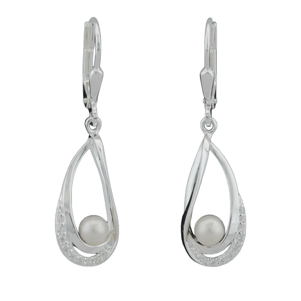 Orecchini pendenti ispirati alla natura in argento 925 con perle d'acqua dolce a forma di goccia e zirconi luminosi, 34x9mm