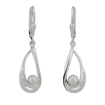 Orecchini pendenti ispirati alla natura in argento 925 con perle d'acqua dolce a forma di goccia e zirconi luminosi, 34x9mm