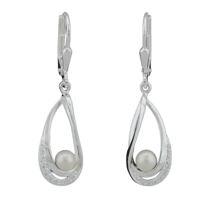 Orecchini pendenti ispirati alla natura in argento 925 con perle d'acqua dolce a forma di goccia e zirconi luminosi, 34x9mm