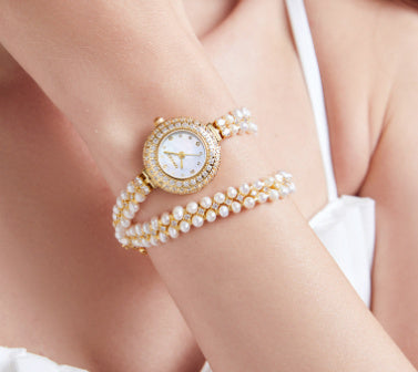 Women's pearl watch wrist double wrap pearl strap gold zirconia fashion elegant jewellery myemotiojewels