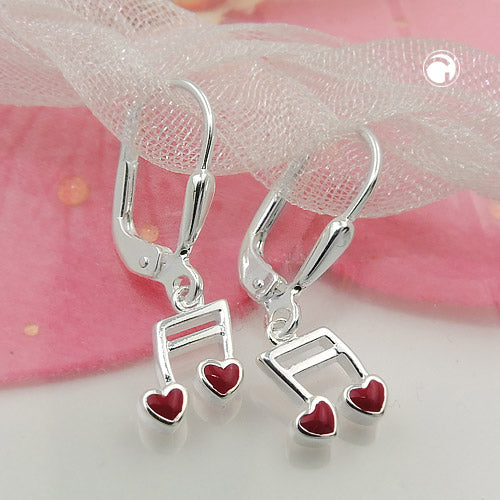 Orecchini pendenti in argento 925 a forma di doppia nota musicale con cuore rosso, un design che unisce l'amore e l'armonia della natura, 24x7mm su sfodo