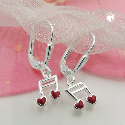 Orecchini pendenti in argento 925 a forma di doppia nota musicale con cuore rosso, un design che unisce l'amore e l'armonia della natura, 24x7mm su sfodo